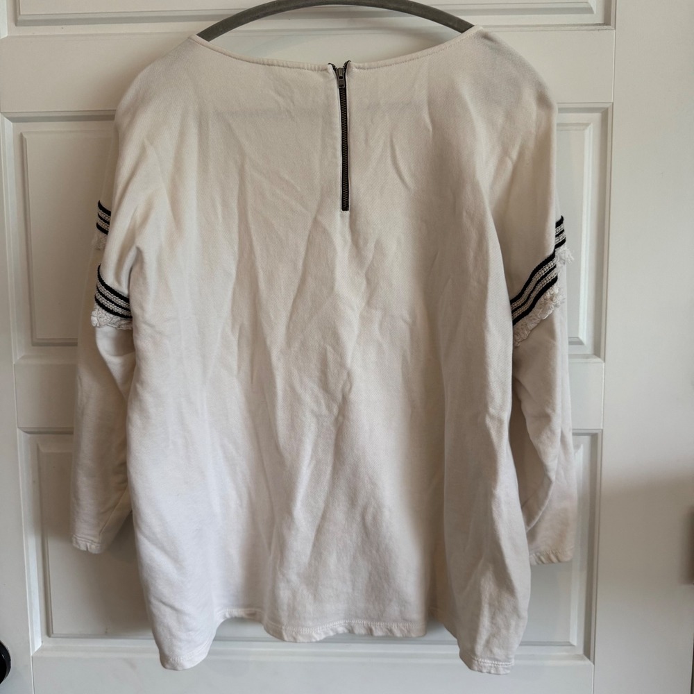 Loft shag fringe trim cream black striped cotton blouse top Anthropologie work - Picture 2 of 5